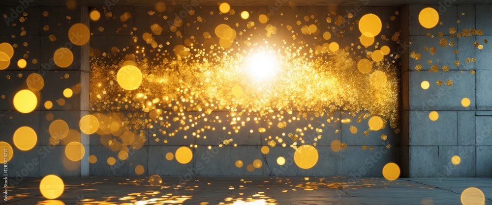 Poster abstract sparkling golden bokeh light effect with a bright glow in a modern industrial space backgro
