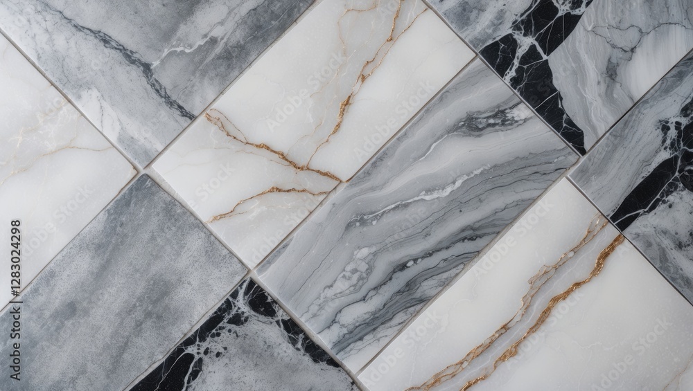 Poster marble tiles with intricate gray and white patterns arranged in a diagonal layout with gold vein acc