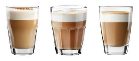 Variety of coffee drinks in elegant glassware