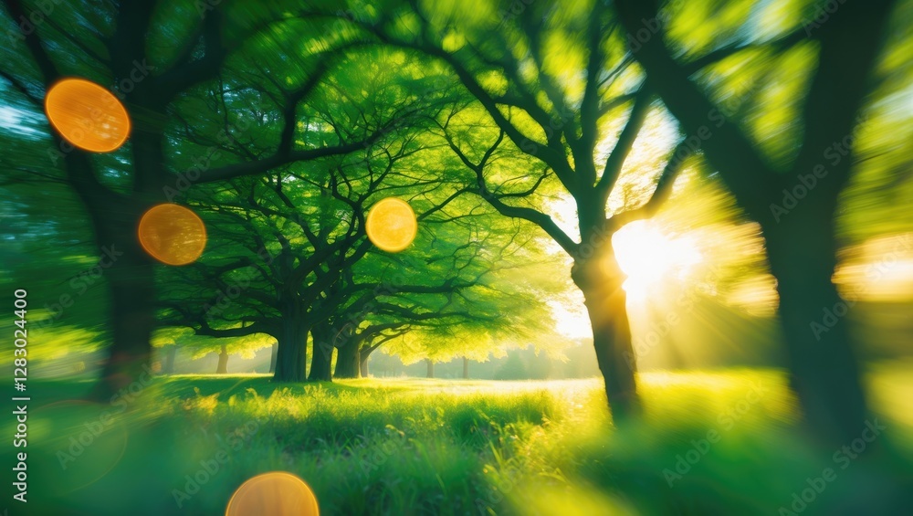 Poster sunlight filtering through lush green trees in a tranquil forest setting with bokeh effects and vibr