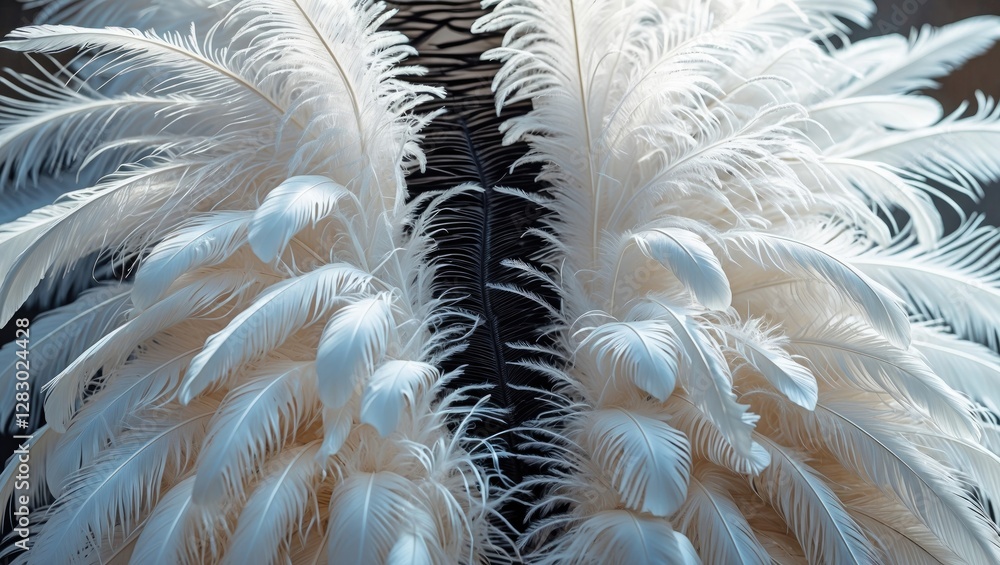 Poster white feathers arranged symmetrically on a dark background highlighting texture and detail of the pl