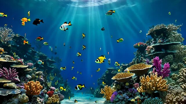 Immersive Underwater Scene, Coral Reef Ecosystem with Vibrant Fish and Marine Life