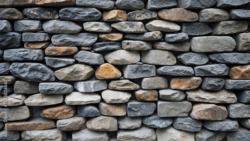 Poster stone wall texture with various shapes and colors of gray and beige stones arranged in a systematic 