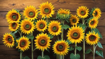 Fototapeta premium Bunch of vibrant sunflowers on wooden background with green leaves arranged in a neat pattern natural floral display