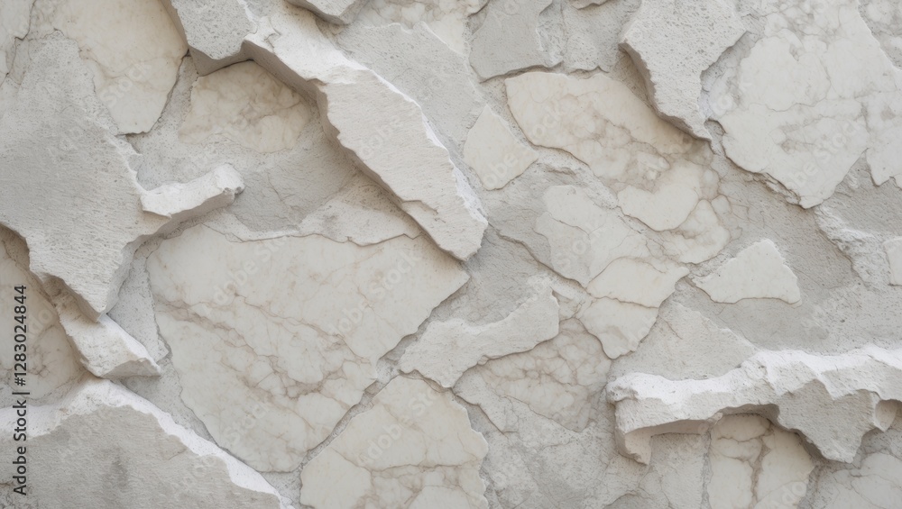 Poster textured wall surface with irregular light gray and white plaster layers forming a three-dimensional