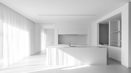 Fototapeta premium Minimalist Kitchen Interior with White Design and Bright Sunlight