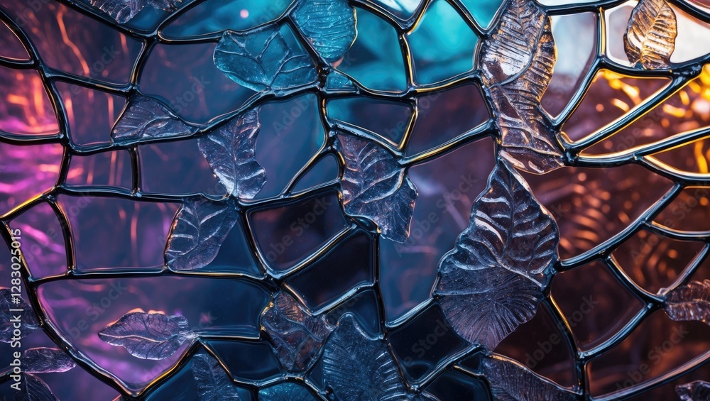Poster Stained glass window with leaf patterns illuminated by colorful light creating artistic reflections and shadows
