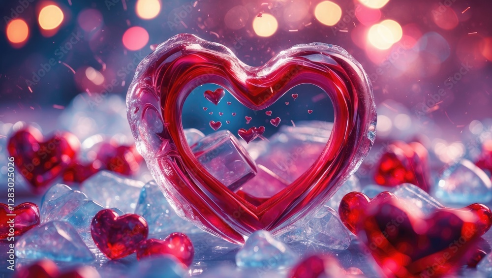Aufkleber red glass heart surrounded by ice shards and small hearts with a blurred colorful background suitabl