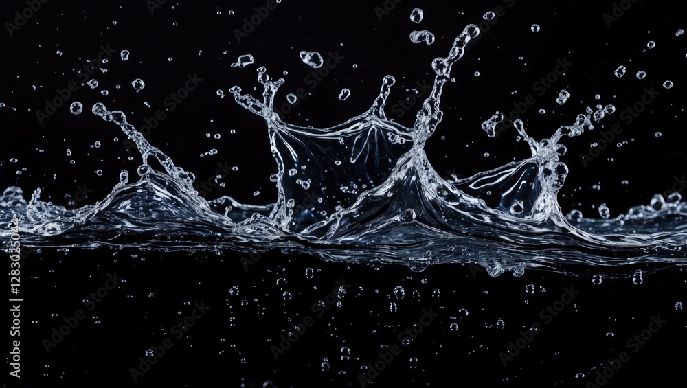 Poster water splash on black background with droplets creating waves and bubbles in high detail and contras
