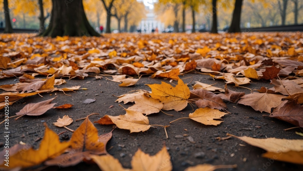 Poster autumn leaves on the ground in a park setting with blurred trees and pathways in the background show