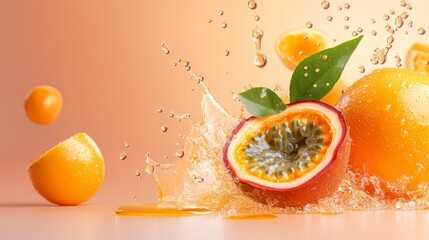 Freshly sliced passion fruit with splashing juice on orange background. Generative AI