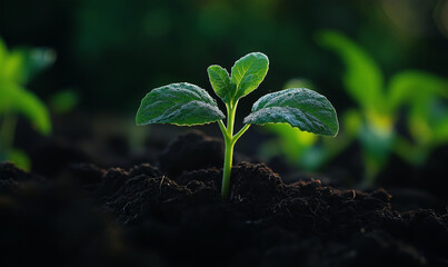 A close-up of a young seedling emerging from rich, dark soil. The tiny plant, with vibrant green leaves covered in delicate dewdrops, stands illuminated by soft natural light