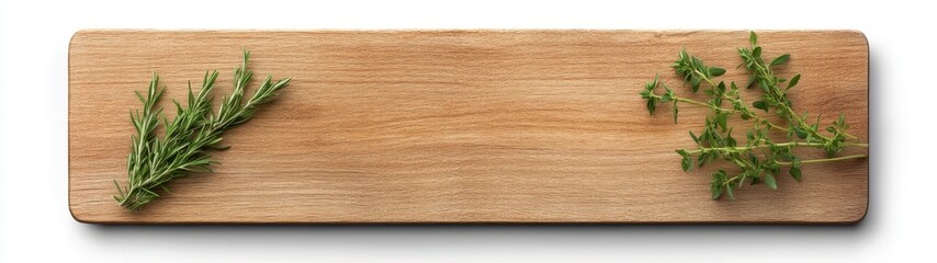 Naklejka premium Fresh Rosemary and Thyme on Wooden Cutting Board Surface