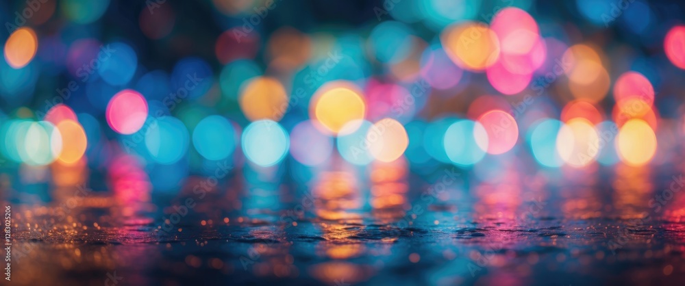 Poster colorful bokeh lights abstract background with reflections on wet surface at night in various vibran