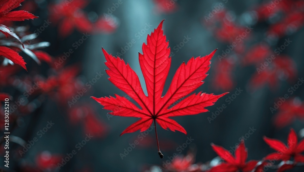 Poster red maple leaf with vibrant color against a blurred background of autumn foliage creating a striking