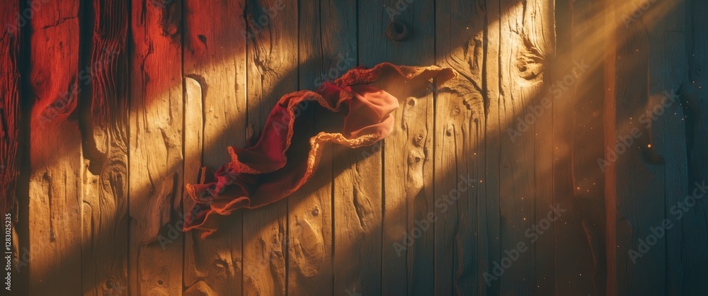 Poster red fabric draped on a wooden surface with dramatic light and shadows creating texture and warmth in