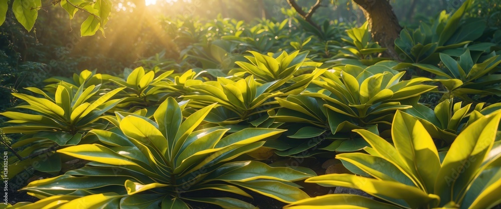 Poster lush green foliage with sunlight filtering through trees creating a vibrant natural scene in a garde