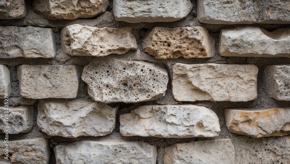 Poster textured natural stone wall with various sizes and shapes of light-colored bricks arranged in a clas