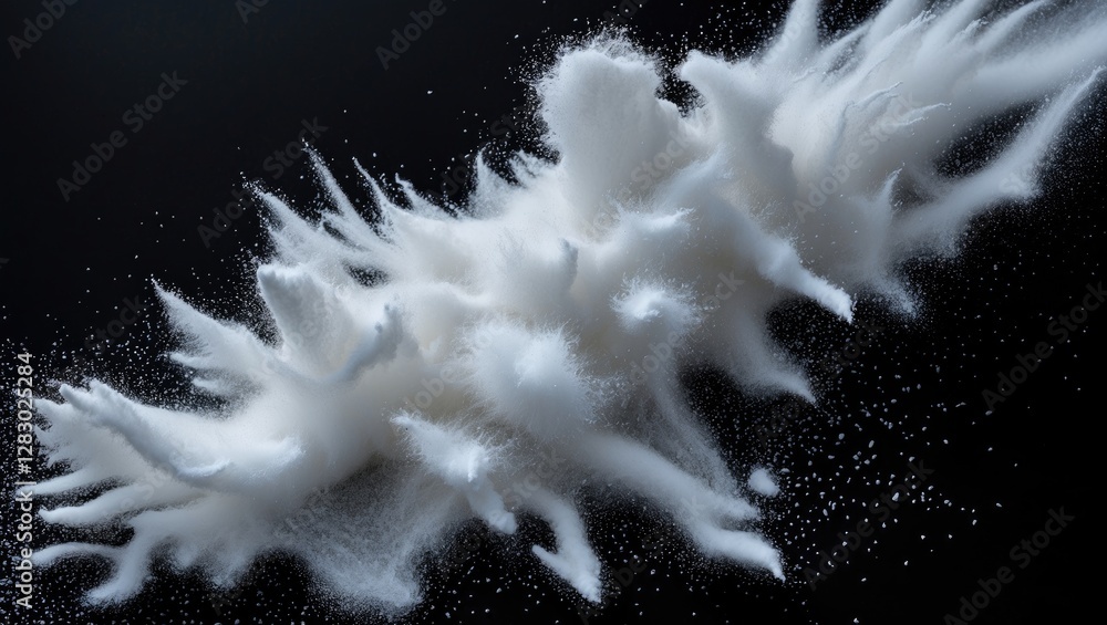 Poster abstract white powder explosion on dark background creating dynamic shapes and textures