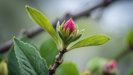 Obraz premium Pink flower bud on a green branch surrounded by leaves in a soft focus natural setting.