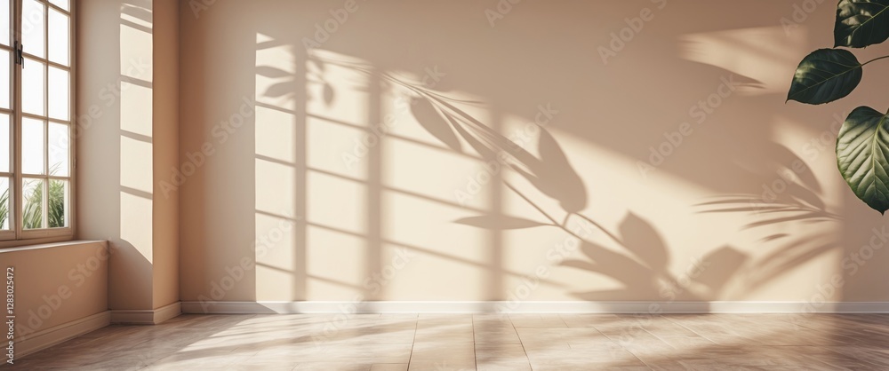 Poster sunlit interior with large windows and soft shadows on cream walls from indoor plants in a minimalis