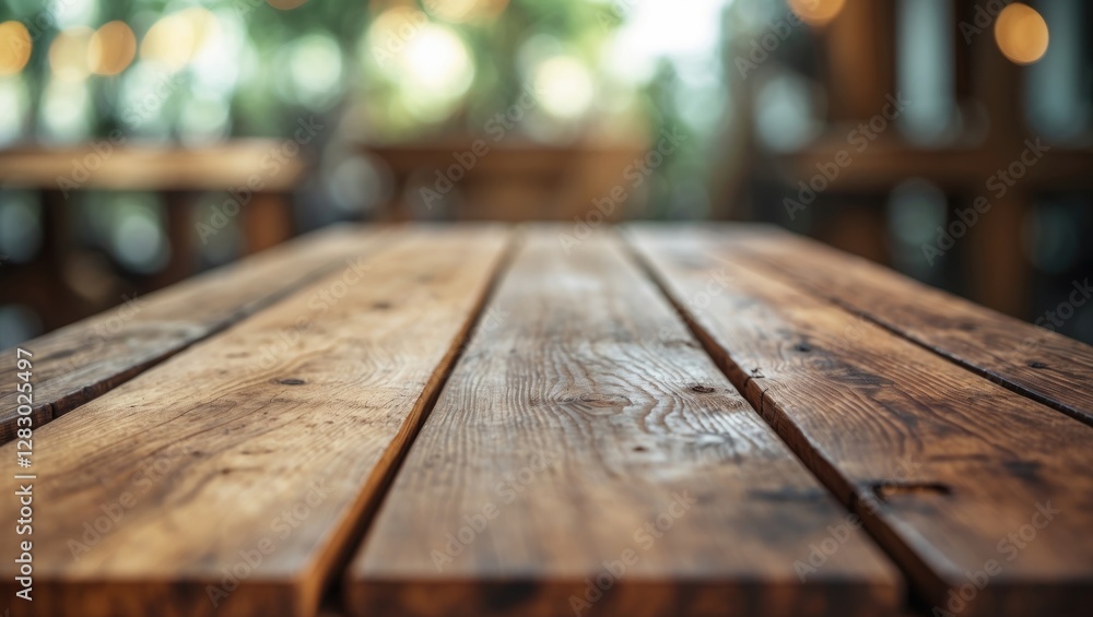 Poster wooden table surface with a rustic finish and blurred background in a cafe setting illuminated by wa