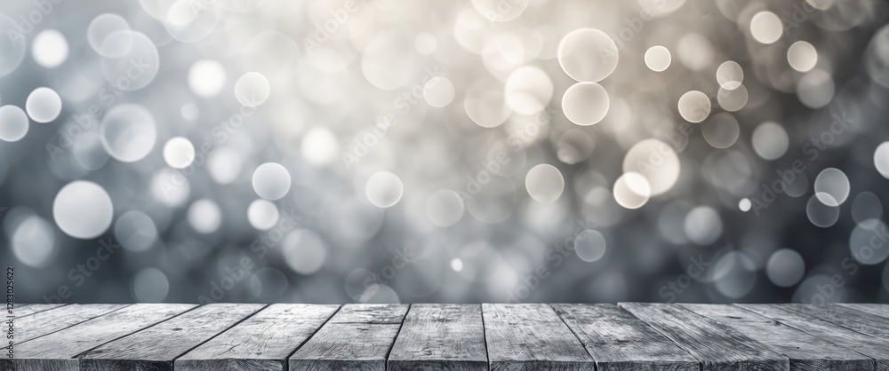 Poster wooden table with blurred bokeh background in grayscale tones ideal for product display or presentat