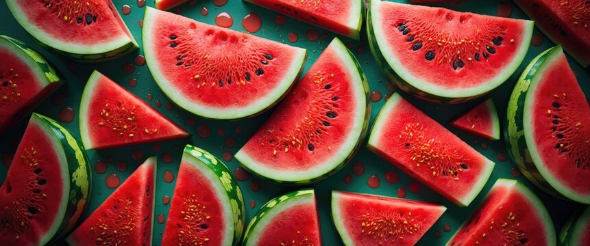Sliced watermelon pieces arranged on a green surface with polka dots showcasing colorful patterns and textures of fresh fruit