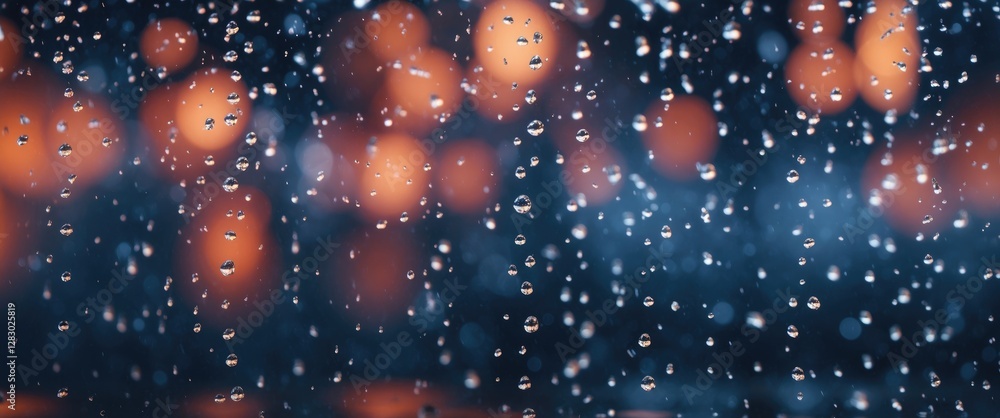 Aufkleber raindrops on glass with blurred orange and blue bokeh background creating a textured and moody atmos