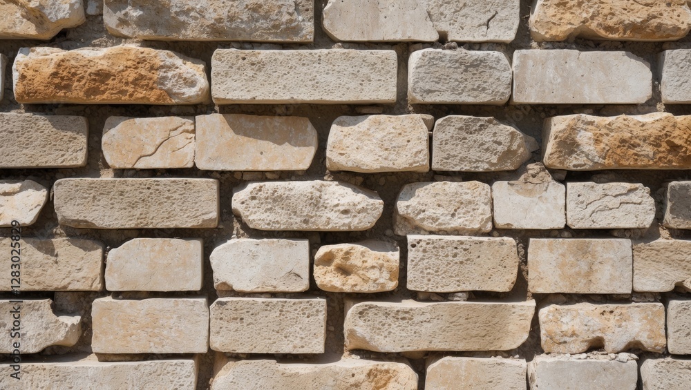 Poster textured wall of beige stone bricks in various shapes and sizes arranged in a uniform pattern with n