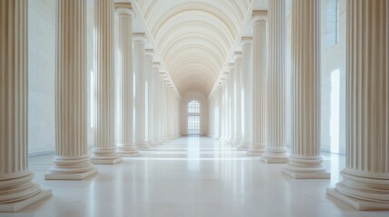 A legislative hall with neutral-colored walls and subtle design. Featuring balance and neutrality