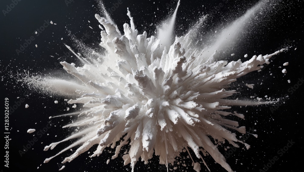 Poster white powder explosion on black background creating a dynamic abstract visual effect with fine parti