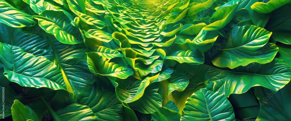 Poster dense green foliage with textured leaves arranged in a spiral pattern illuminated by soft light crea