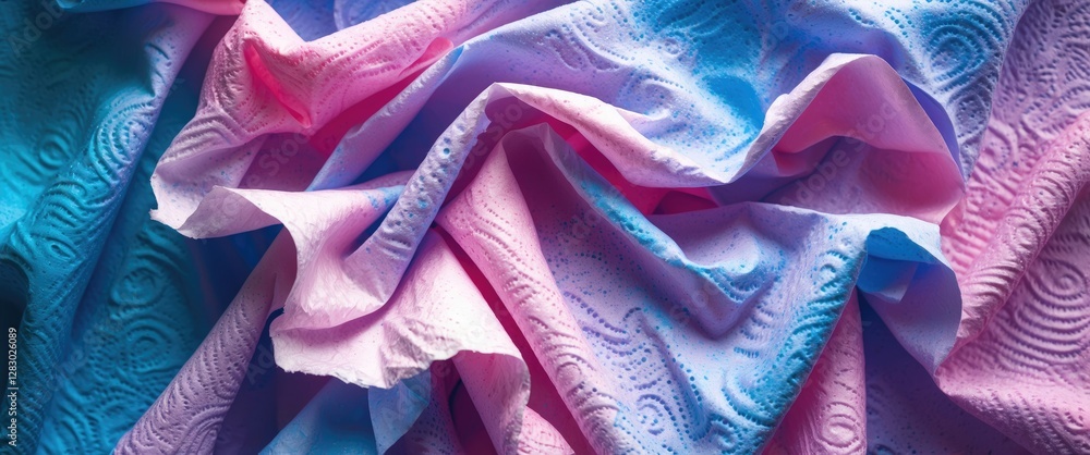 Poster textured fabric with gradient colors of pink and blue draped in folds showcasing intricate patterns 