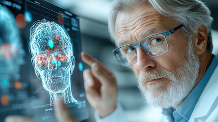 scientist examines AI powered radiology results, focusing on digital brain scan