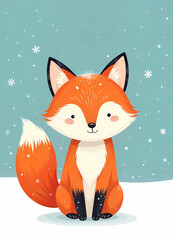 Fototapeta premium Cute fox sits on a snowy landscape