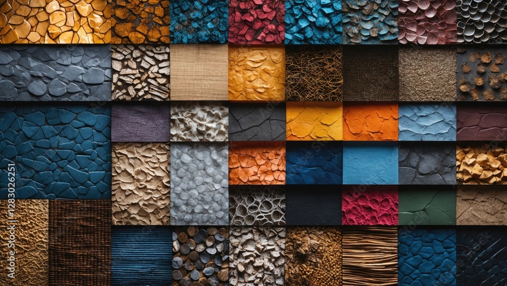 Poster various textured surfaces and patterns in different colors and materials arranged in a grid layout f