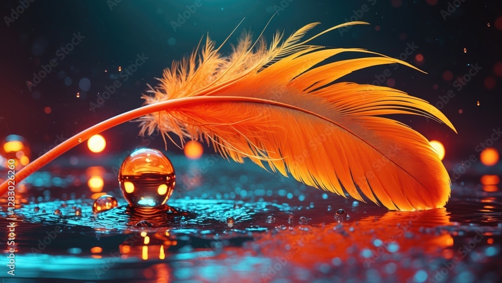 Poster orange feather resting on water surface with reflective sphere and bokeh lights in background creati