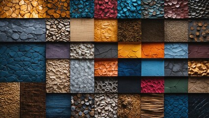 Various textured surfaces and patterns in different colors and materials arranged in a grid layout for design use.