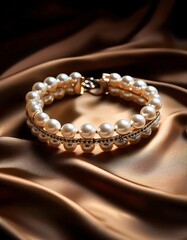 Elegant Pearl Bracelet on Smooth Satin Fabric with Luxurious Golden Shine in Fashion Jewelry Display