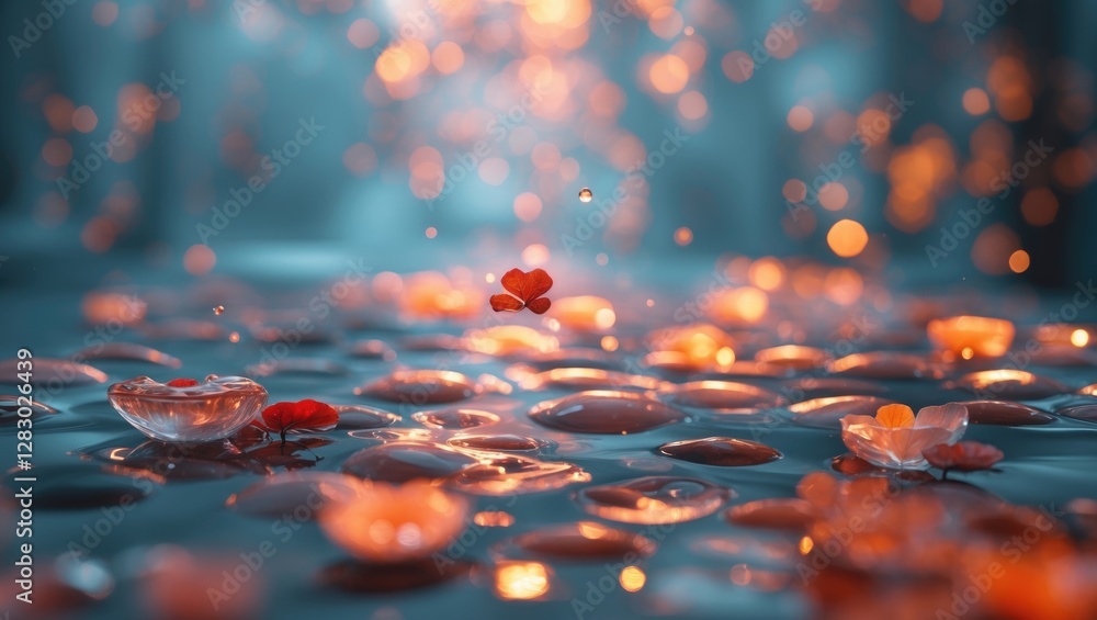 Aufkleber floating heart-shaped petals on a reflective surface surrounded by soft glowing lights and blurred b