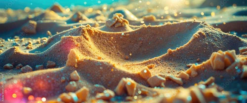 Aufkleber close-up view of textured sand dunes with small pebbles and sparkling particles under sunlight on a 
