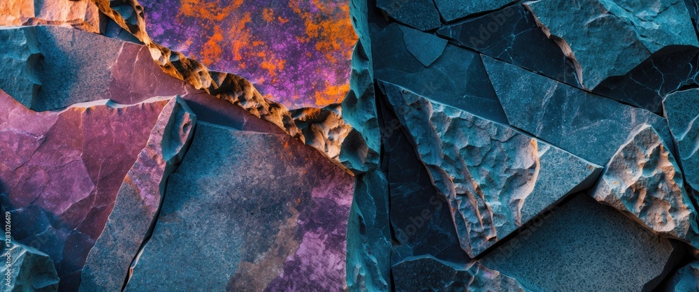 Poster textured layered rock surfaces with orange and purple hues contrasting with dark blue tones and shar