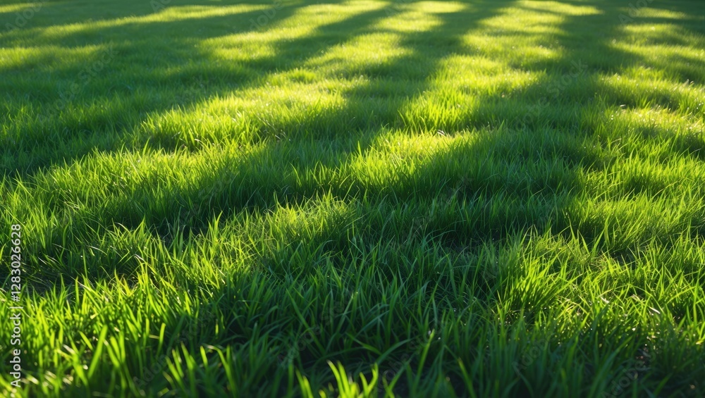 Poster lush green grass with elongated shadows from trees creating a textured natural landscape scene in br