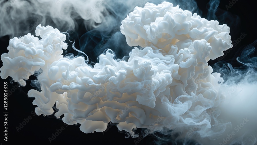 Poster dense white smoke swirling against a dark background creating abstract shapes and textures with soft