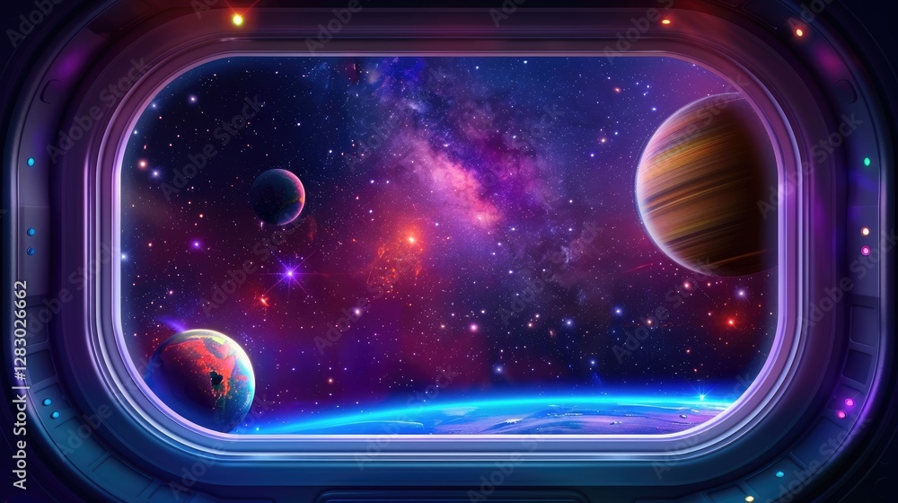 Poster exploring cosmic wonders spaceview outer space digital art galactic environment sci-fi concept