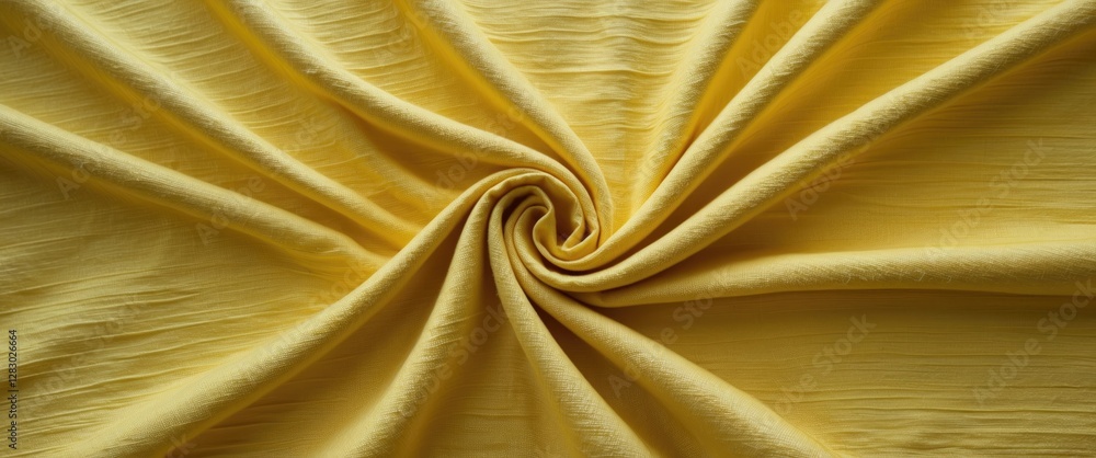 Poster yellow fabric texture with folds and swirls forming a circular pattern close-up shot