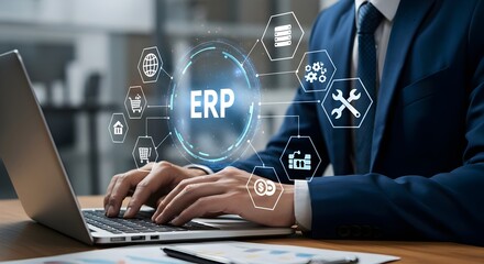 ERP Enterprise Resource Planning system concept. Businessman using laptop with digital interface ERP (Enterprise Resource Planning) icons, data integration, business automation, workflow management. 