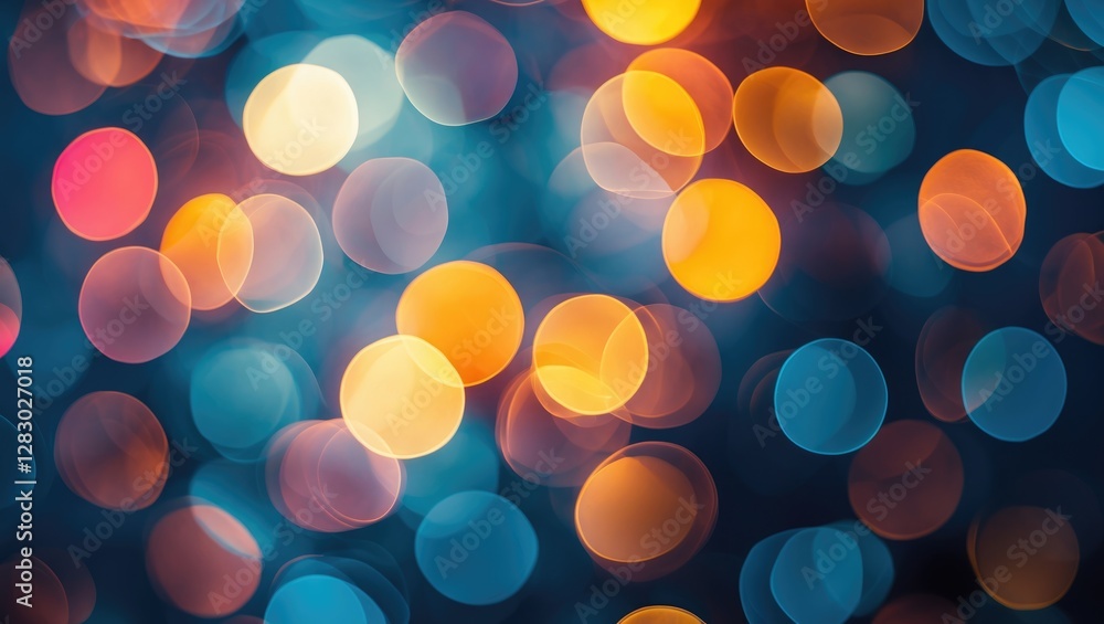 Poster abstract bokeh background with multicolored circular light spots in blue orange and pink hues creati