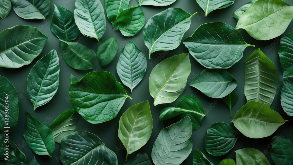 Poster various green leaves arranged on dark background in an overlapping pattern showcasing different shap